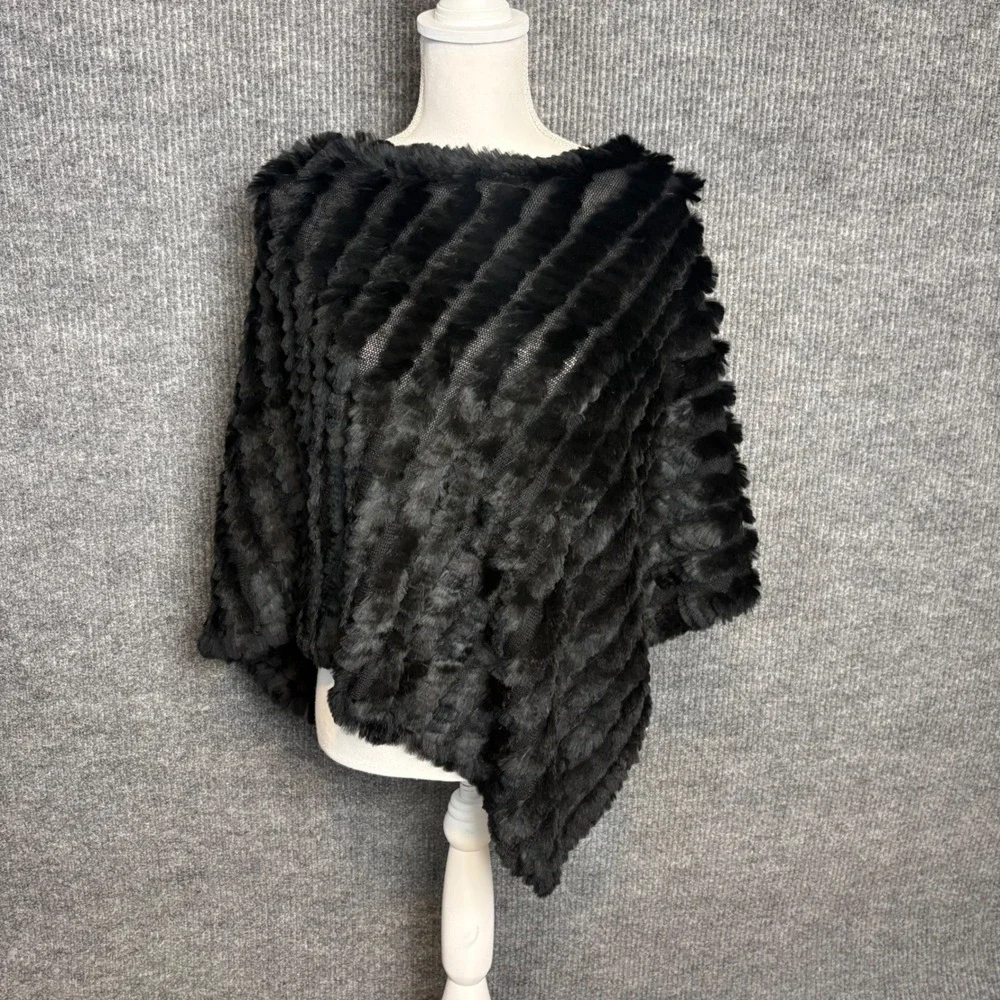 Black Rivet Genuine Rabbit Fur Poncho Wrap Black Wool Blend One Size Asymmetric